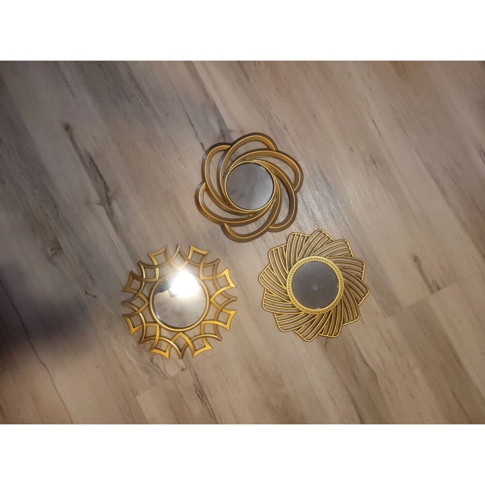 Set Of 3 5" Mirrors In 9" Starburst Sunburst Frames W Hole For Hanging On Back